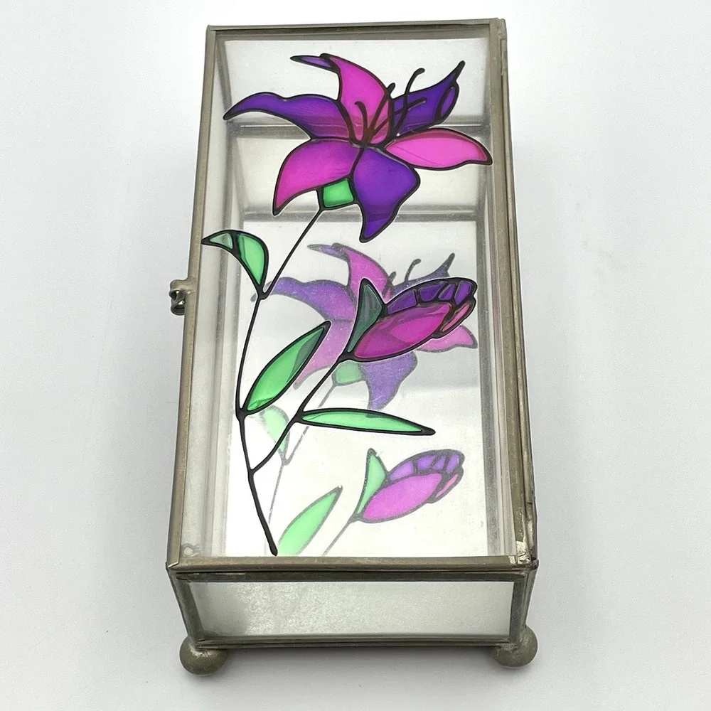 Vintage Taiwan Stained Glass Jewelry Trinket Box Frosted Glass Purple Lily